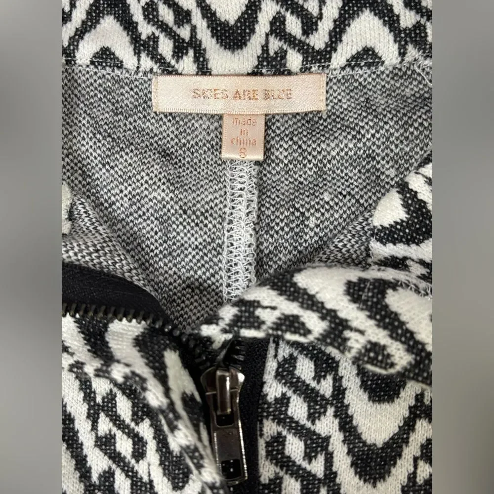 Skies are Blue Black White Boho Geo Zip Front Tie Waist Jacket Cardigan Size S